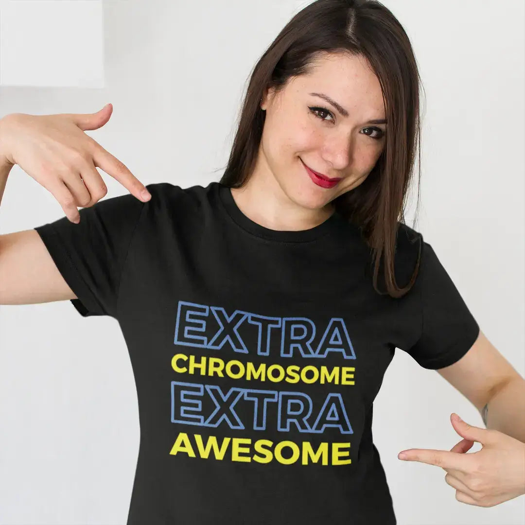 Women's Graphic T-Shirt Down Syndrome Extra Chromosome Extra Awesome Deep Black Round Neck