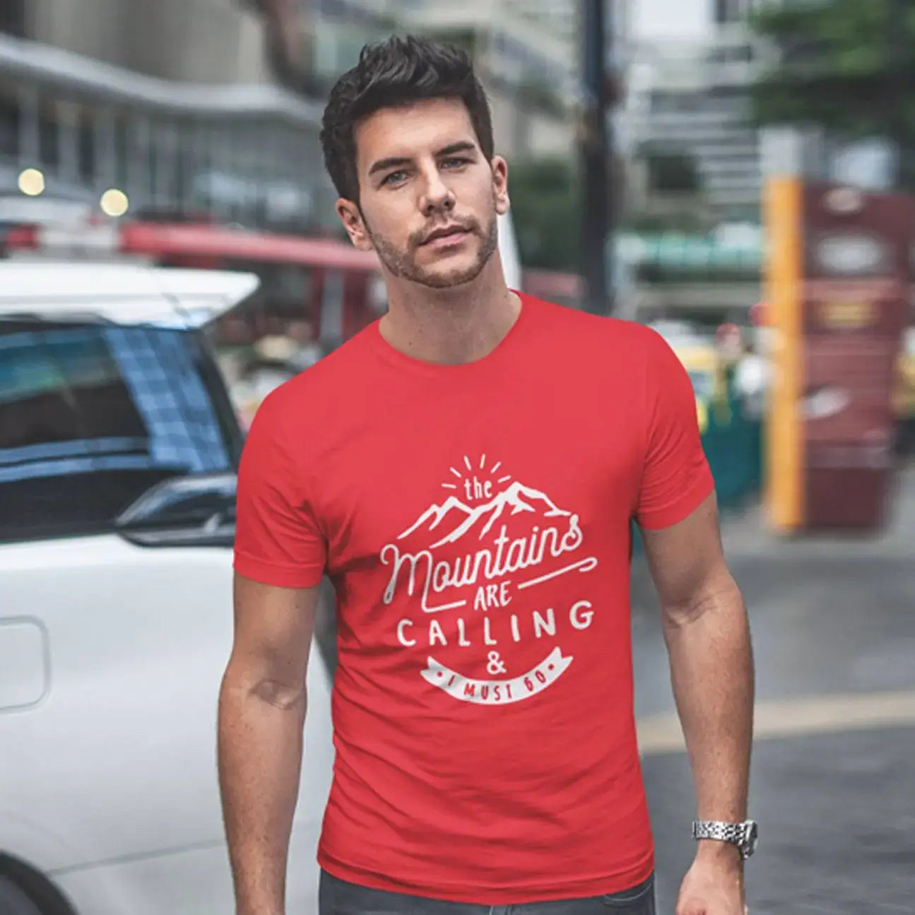 ULTRABASIC - Graphic Printed Men's The Mountains Are Calling And I Must Go Hiking Tee Tango Red