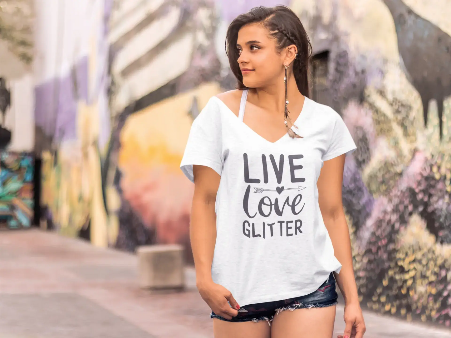 ULTRABASIC Women's T-Shirt Live Love Glitter - Short Sleeve Tee Shirt Tops