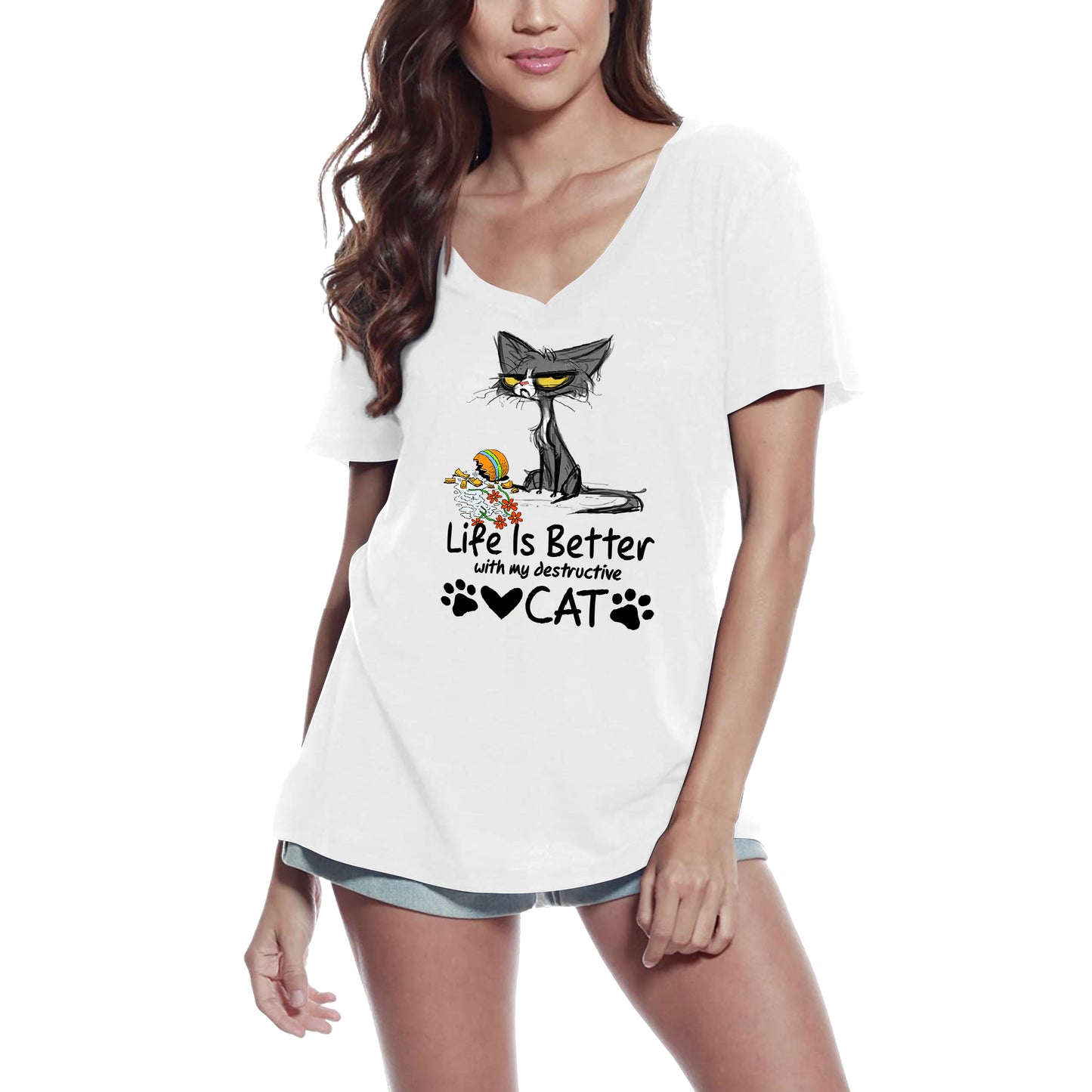 ULTRABASIC Women's T-Shirt Life is Better With My Destructive Cat - Funny Kitten Shirt for Cat Lovers