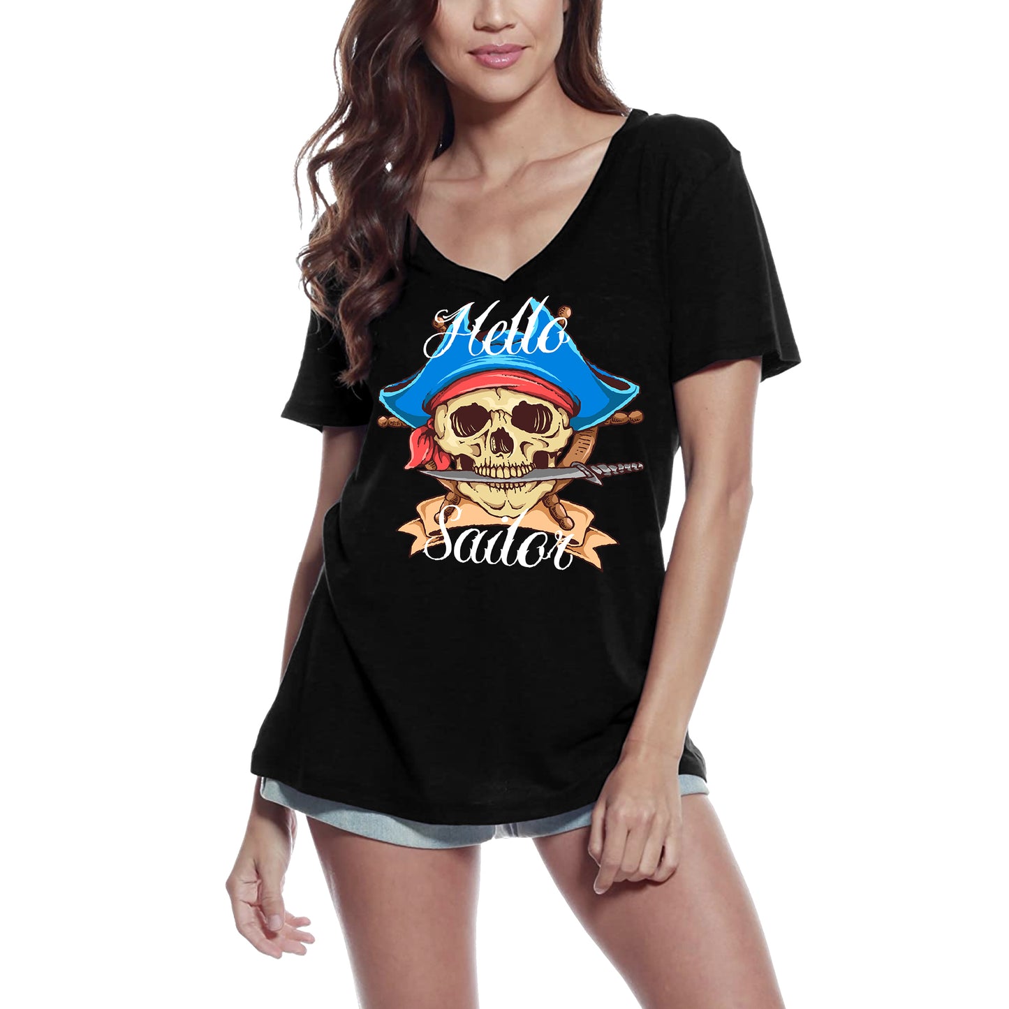 ULTRABASIC Women's V Neck T-Shirt Hello Sailor - Pirate Scary Skull - Graphic Apparel