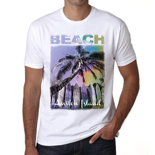 Anilon Island Beach Palm White Mens Short Sleeve Round Neck T-Shirt - White / S - Casual