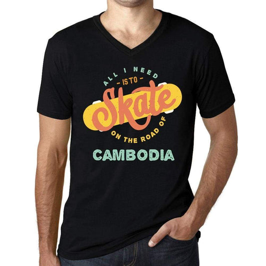 Mens Vintage Tee Shirt Graphic V-Neck T Shirt On The Road Of Cambodia Black - Black / S / Cotton - T-Shirt