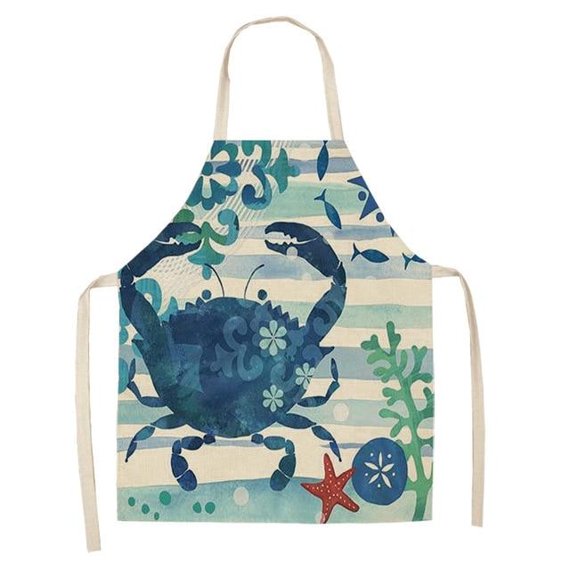 Marine Animals Printed Kitchen Aprons for Women Kids Sleeveless Cotton Linen Bibs Cooking Baking Cleaning Tools 53*65cm GT1299