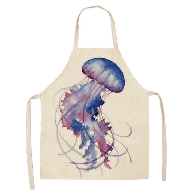 Marine Animals Printed Kitchen Aprons for Women Kids Sleeveless Cotton Linen Bibs Cooking Baking Cleaning Tools 53*65cm GT1299