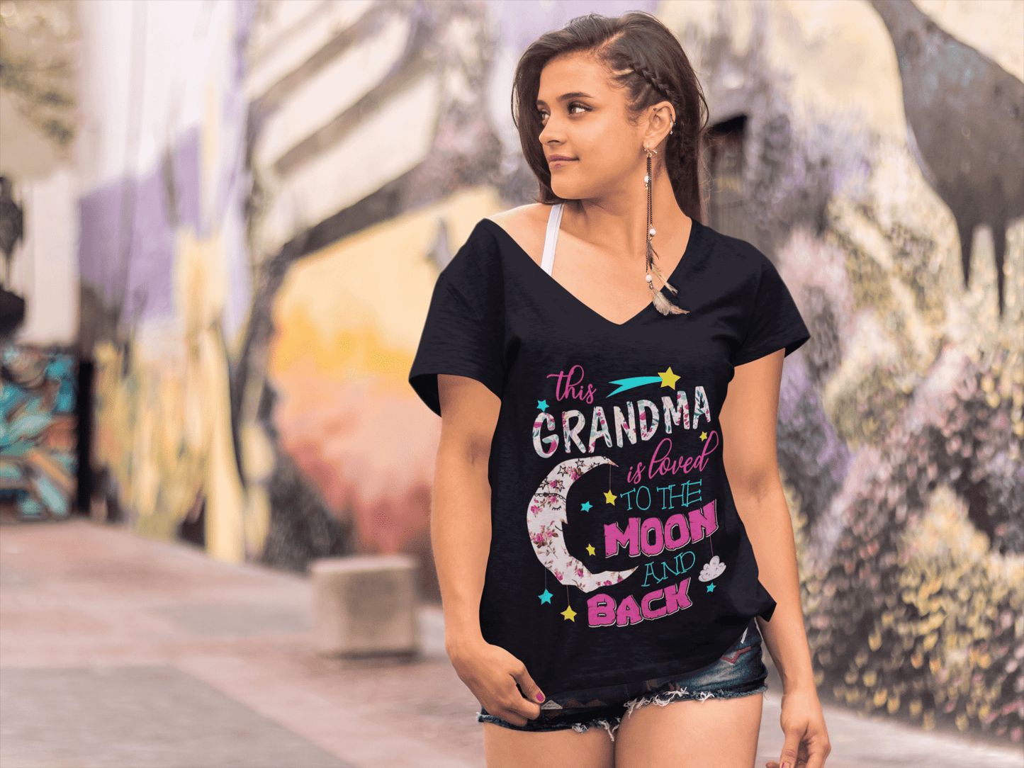ULTRABASIC Women's V-Neck T-Shirt This Grandma Is Loved To The Moon and Back