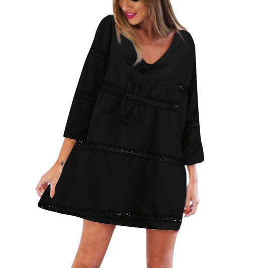 Women Summer Three Quarter Sleeve Loose Lace Boho Beach Short Mini Dress - Black / L